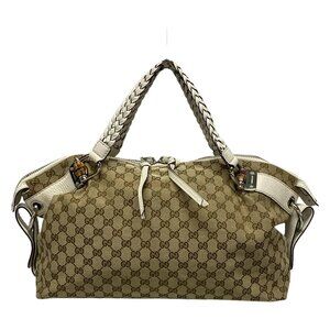 GUCCI GG Bamboo Dark Brown Beige White Jacquard Leather Handbag bran561-100625